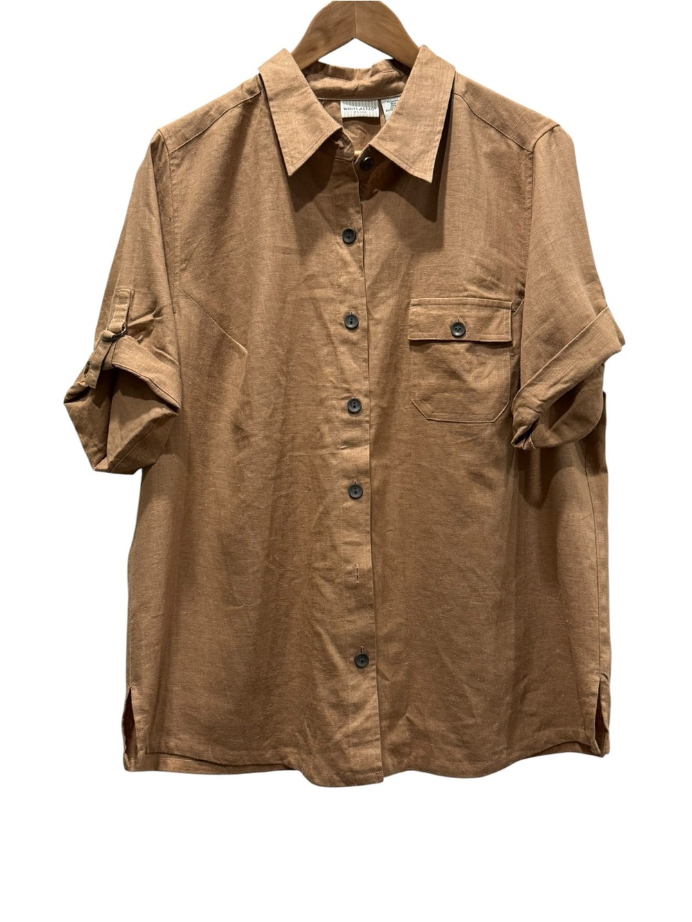 White Stag Plus Linen Blend Button Down Shirt Women’s 16W Tan Short Sleeve Pocke